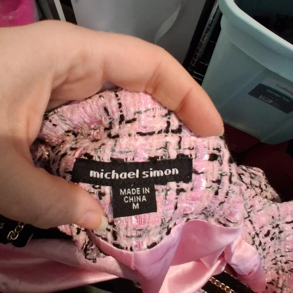 Michael Simon Blazer jacket womens Medium pink black tweed chain plaid